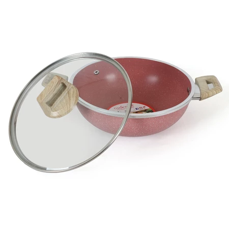 Cookville Amber Pink Roll Edge Wok with Lid Two Ears