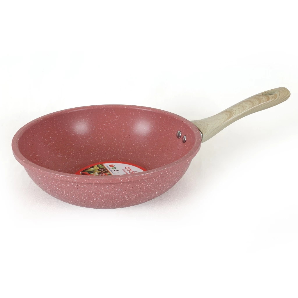 Cookville Amber Pink Roll Edge Wok With Long Handle